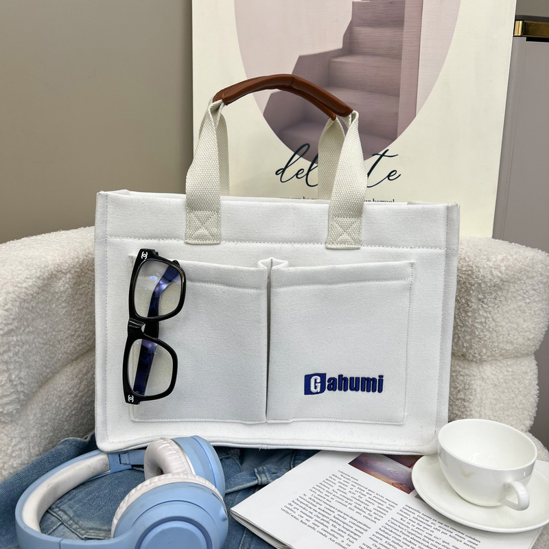 带底部和侧边织带及2个口袋的白色帆布包-07