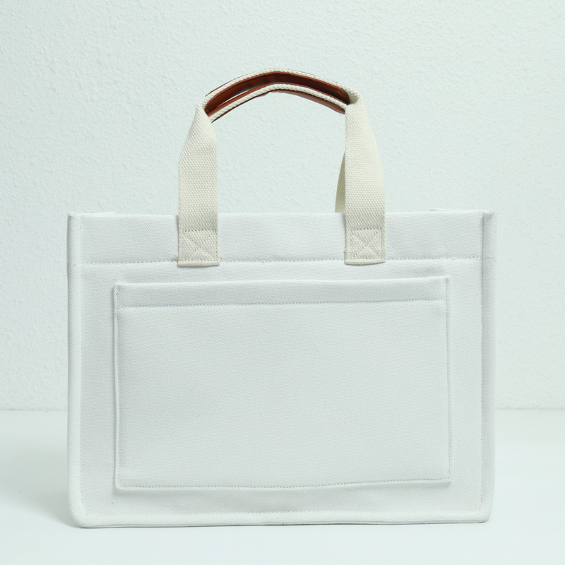带底部和侧边织带及2个口袋的白色帆布包-05